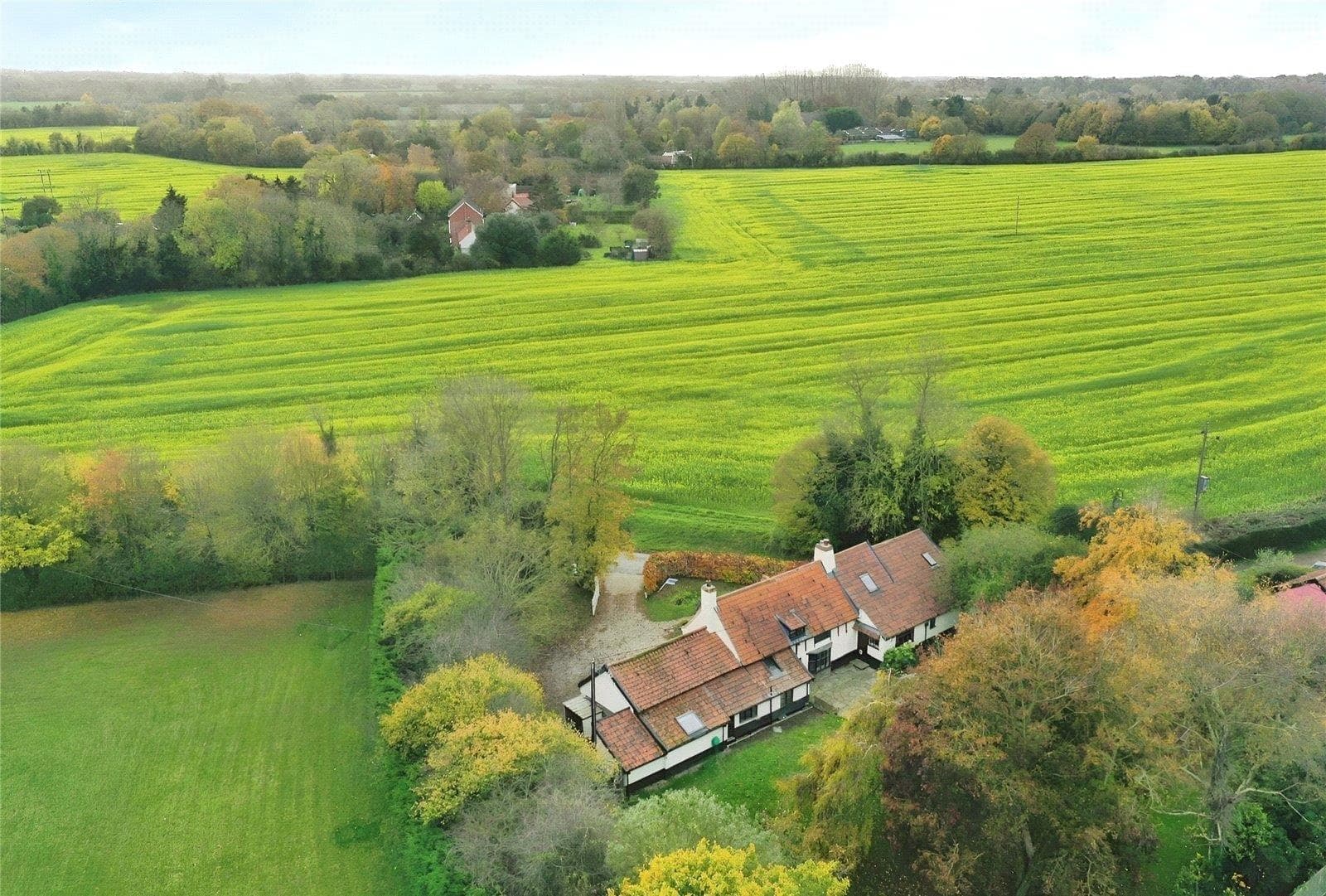The Sawyers seen from the air, a white house with a pantiled roof set among Norfolk farmland