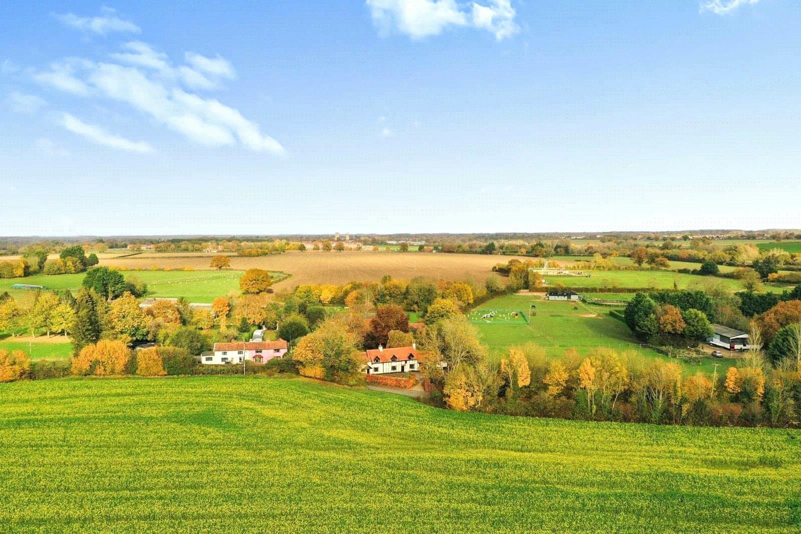 Open Norfolk farmland and hedgerows stretching to the horizon around The Sawyers